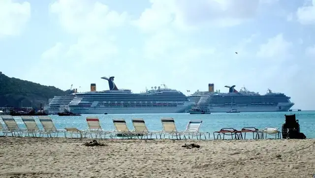 cruise ships standing at St maarten beach in Caribbean