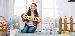 Cruise_Holidays Girl with yellow easter words in front of window