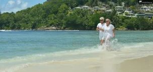 Happy couple running