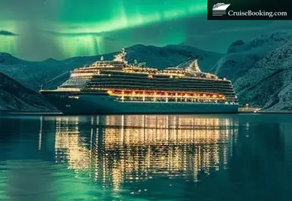 Cruise ship under aurora borealis at night