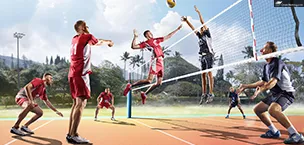 First_Time_Cruisers Volleyball players in red and white uniforms play volleyball on a court