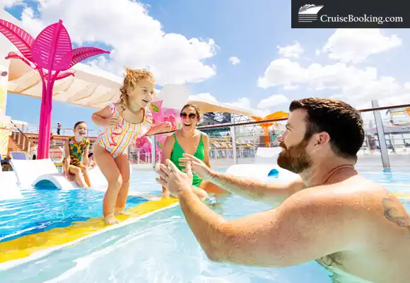 parents and children are swimming on a cruise