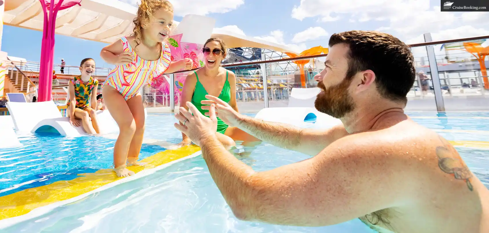 parents and children are swimming on a cruise