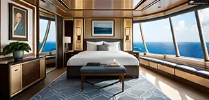 First_Time_Cruisers A luxurious cruise ship cabin with a king-sized bed, ocean views, and elegant gold and blue accents.