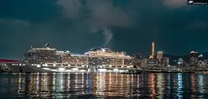Msc_Cruise_Tips MSC Bellissima docked in the night harbor lights