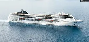 Msc_Cruise_Tips MSC Lirica cruise ship sailing in calm waters with scenic mountains in the background.