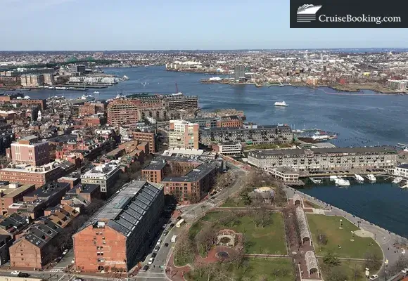 Aerial view of Boston harbor with city skyline