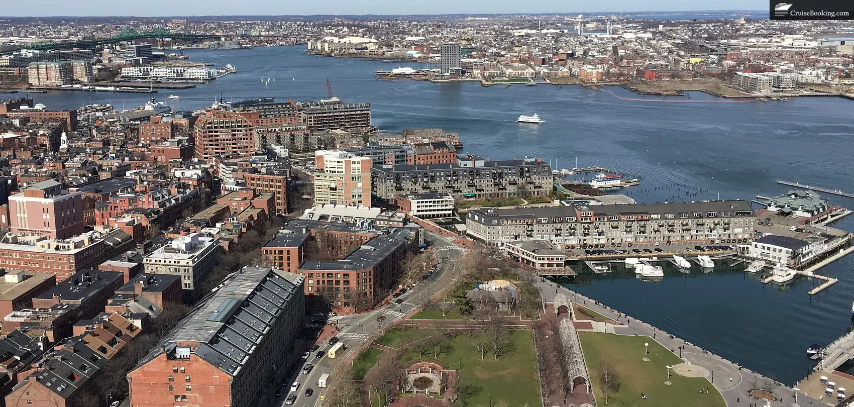 Aerial view of Boston harbor with city skyline