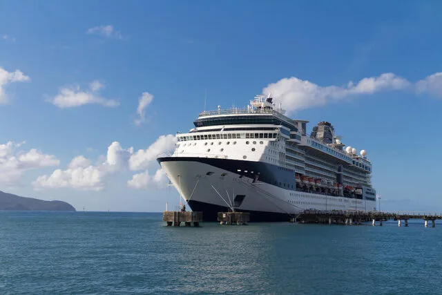 On the background is a beautiful cloudy sky and a large cruise ship at sea