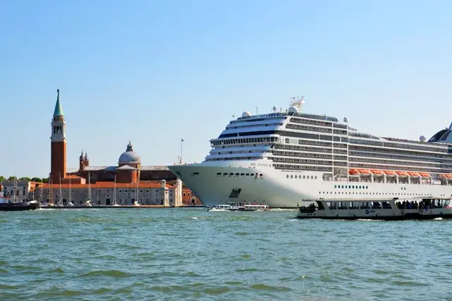 An image of Venice, environmental pollution, and a cruise ship