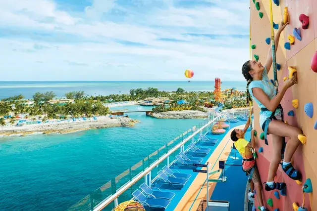 In the distance is Cococay island, fun for the family, rock climbing, and action in the aft part of the day