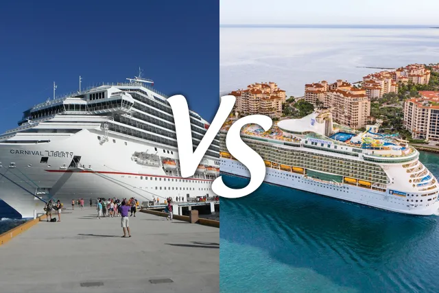 An image of a comparison between a Carnival cruise and a Royal Caribbean cruise
