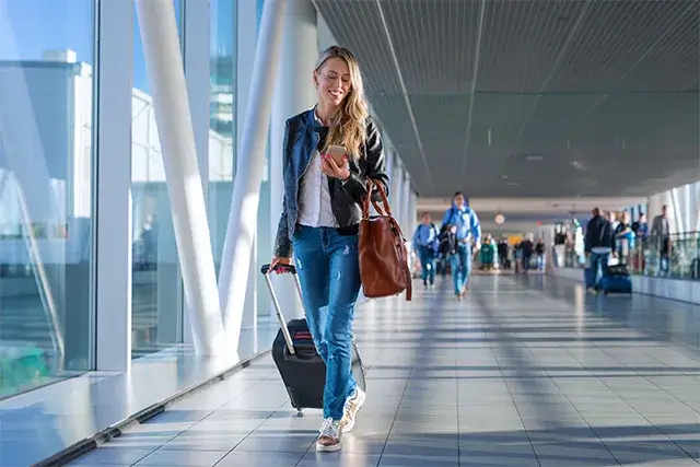 Traveling woman who is happy