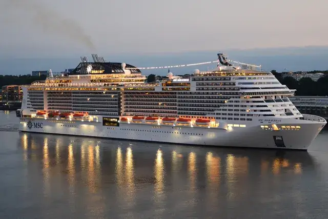 The MSC Meraviglia cruise ship is docked in Hamburg on the Elbe