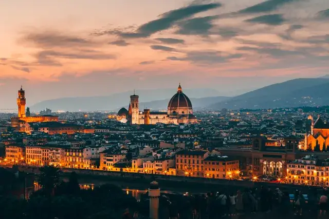 A beautiful evening aerial shot of Florence, Italy's architecture