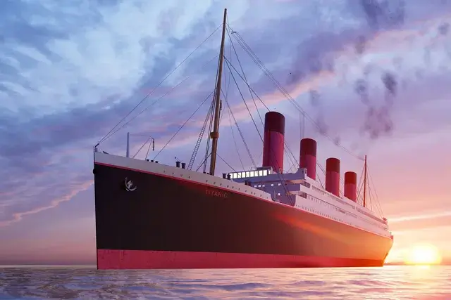 Image of the Titanic and the sunset over the ocean