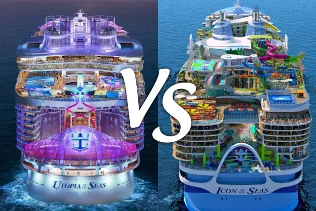 An image of a comparison between Utopia of the Seas Vs. Icon of the Seas