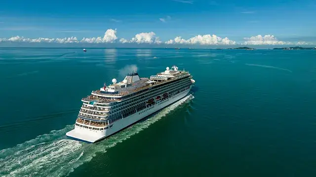 The Viking Norway is a large, luxury, high-class cruise ship sailing in the ocean