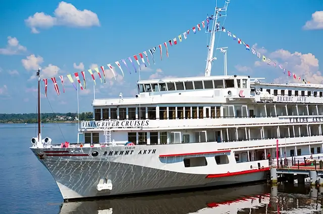 A Viking Akun cruise ship is at the pier of Uglich, which is a historical town along the Volga River in Yaroslavl Oblast