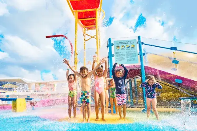 Splashaway Bay, a group of kids having a great time splashing through water, an exciting and fun photo shoot for Wonder of the Seas