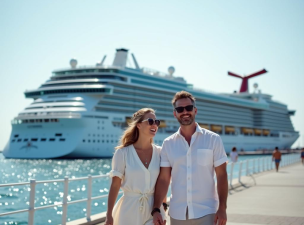 Couple Walking on Pier Near Cruise Ship