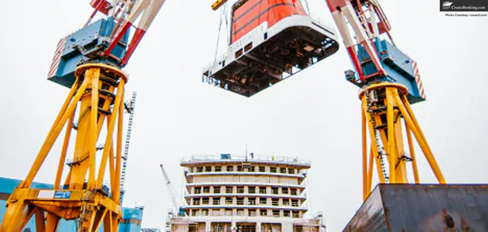 The iconic red and black Cunard funnel is crowned as Fincantieri reaches its latest construction milestone